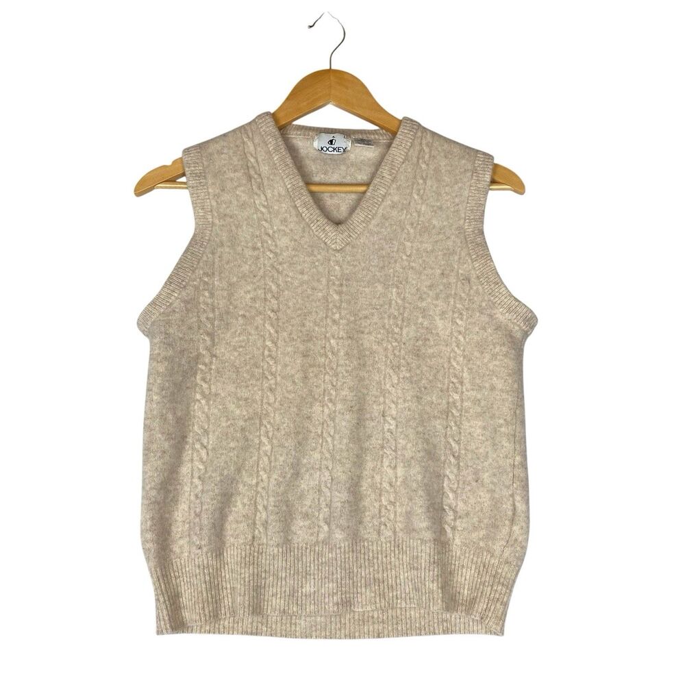 Vintage Jockey Womens L 100% Lambswool Cable Knit Sweater Vest Beige V Neck